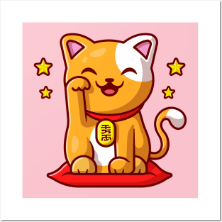 Cute Lucky Cat Cartoon Posters and Art